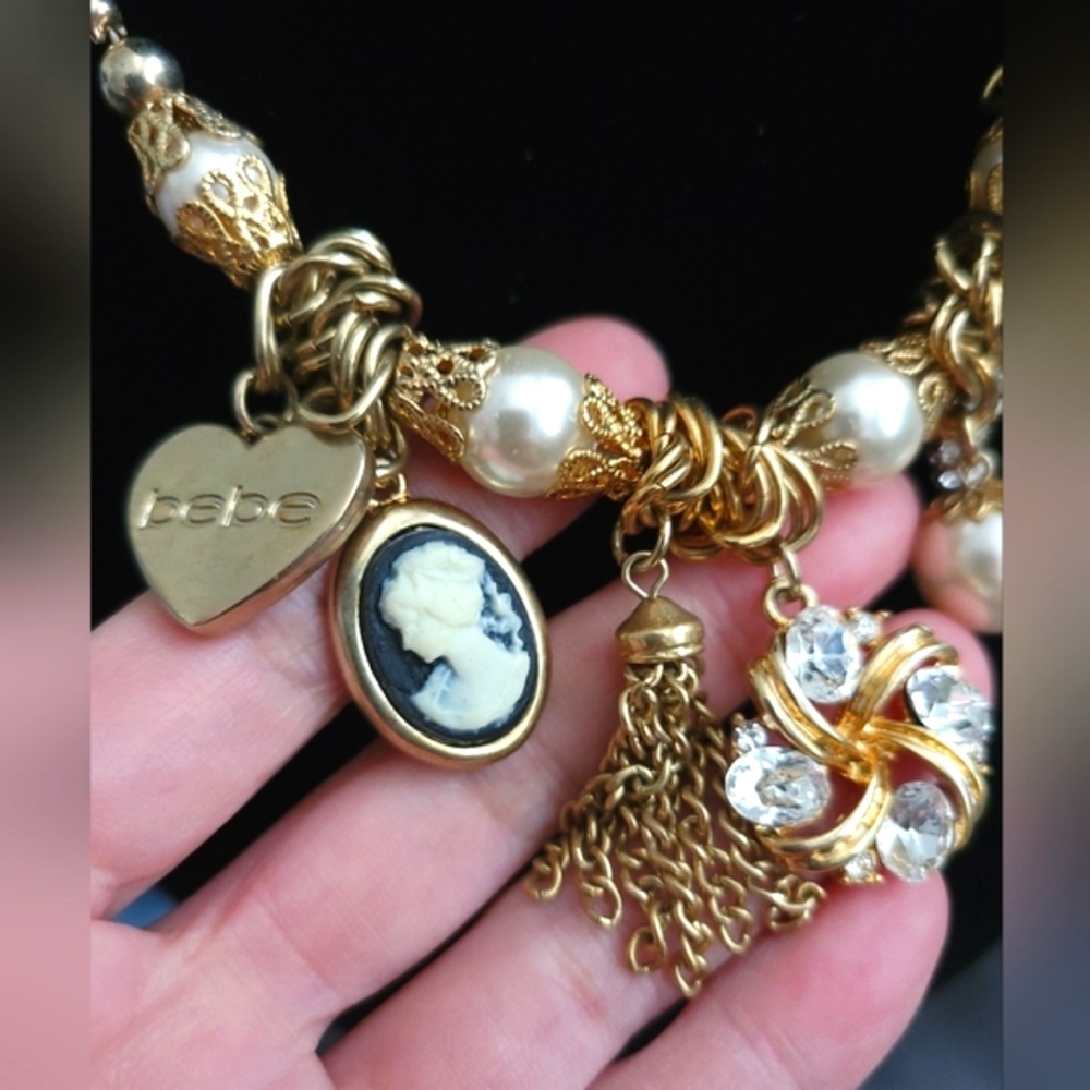 Bebe | EUC Gorgeous Gold Tone Faux Pearl Bling Charms Statement Necklace - Picture 5 of 8